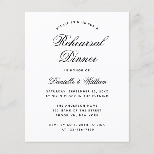 Black and White Budget Rehearsal Dinner Invitation (Front)
