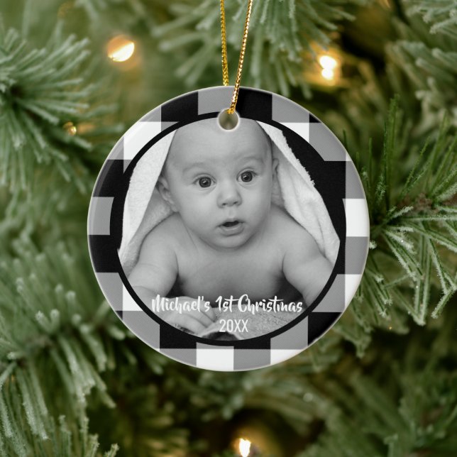 Black and White Buffalo Check Baby's 1st Christmas Ceramic Ornament (Tree)