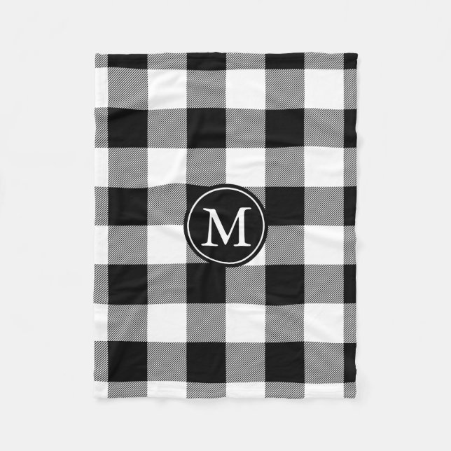 Black and White Buffalo Check Monogram Fleece Blanket (Front)