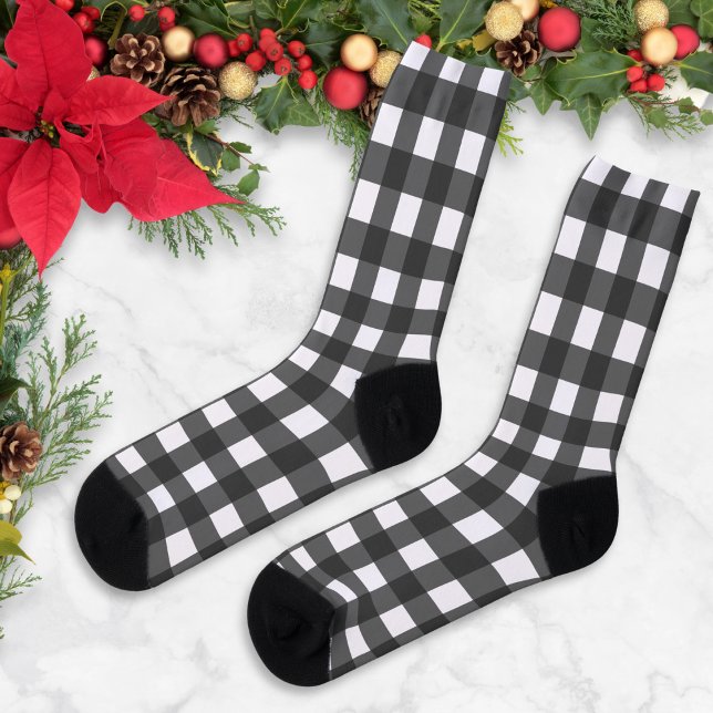 Black and White Buffalo Check Plaid Pattern Socks (Black and white, buffalo check socks for the festive season, in classic rustic country style)