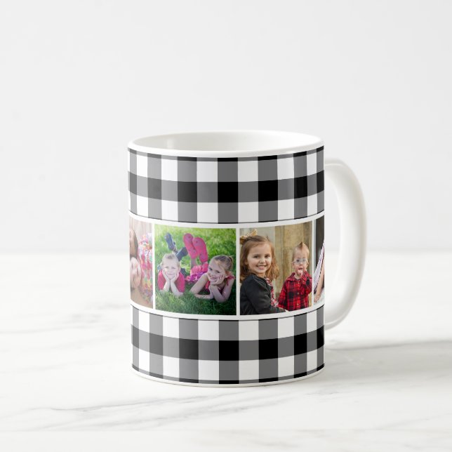 Black and White Buffalo Plaid 6 Photo Collage   Coffee Mug (Front Right)