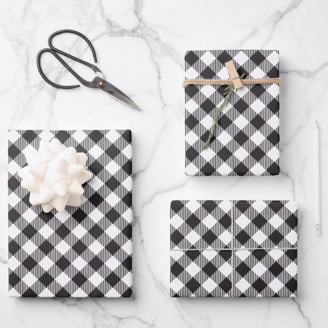 Black and White Buffalo Plaid Chequered Wrapping Paper Sheet (Front)