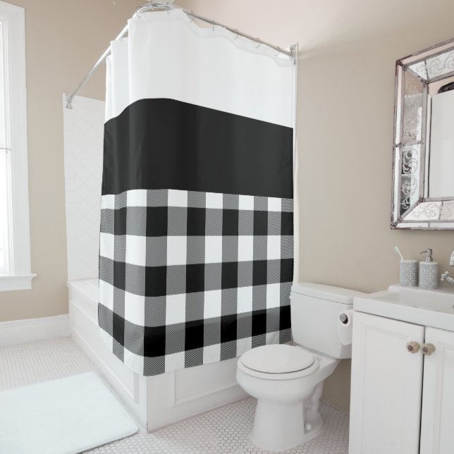 Black and White Buffalo Plaid Colour Block Shower Curtain (In Situ)