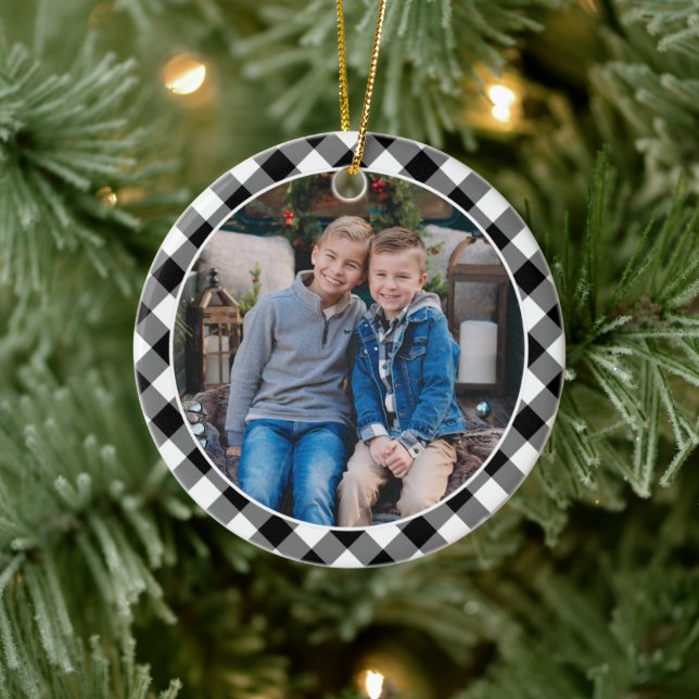 Black and White Buffalo Plaid Family Holiday Photo Ceramic Ornament (Tree)