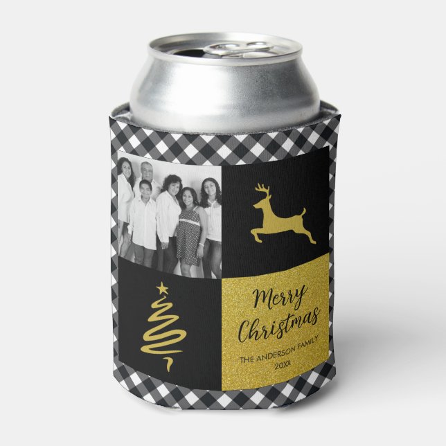 Black and White Buffalo Plaid Gold Holiday Photo Can Cooler (Can Front)