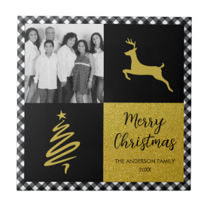 Black and White Buffalo Plaid Gold Holiday Photo Ceramic Tile