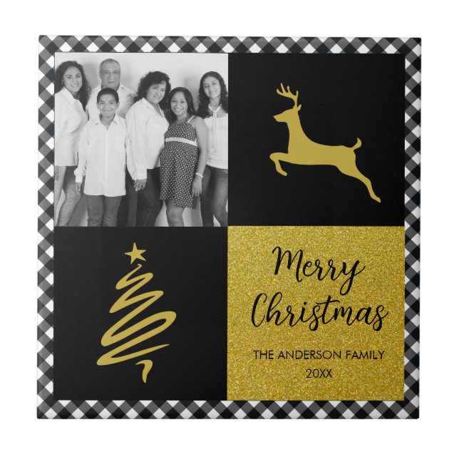 Black and White Buffalo Plaid Gold Holiday Photo Ceramic Tile (Front)