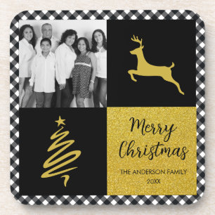 Black and White Buffalo Plaid Gold Holiday Photo Coaster