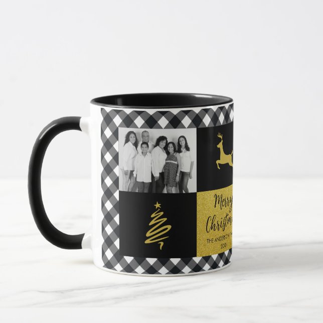 Black and White Buffalo Plaid Gold Holiday Photo Mug (Left)