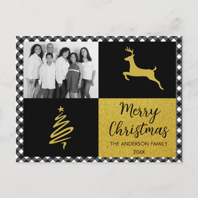Black and White Buffalo Plaid Gold Holiday Photo Postcard (Front)