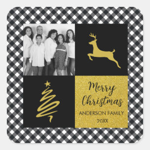 Black and White Buffalo Plaid Gold Holiday Photo Square Sticker