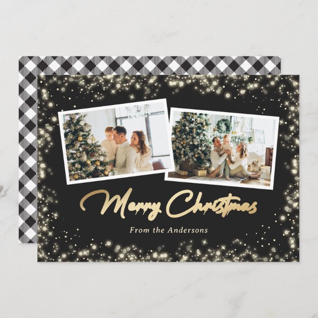 Black and White Buffalo Plaid Gold Photo Christmas Holiday Card (Front/Back)