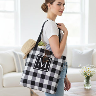 Black and White Buffalo Plaid Monogram Custom Tote Bag