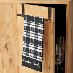 Black and white buffalo plaid monogram name tea towel