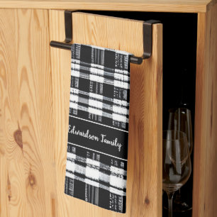 Black and white buffalo plaid monogram name tea towel