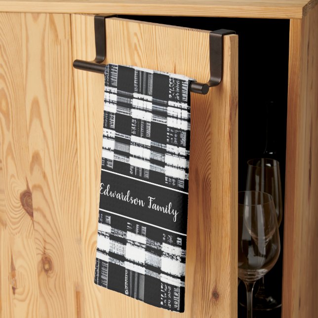 Black and white buffalo plaid monogram name tea towel (Thirds Fold)