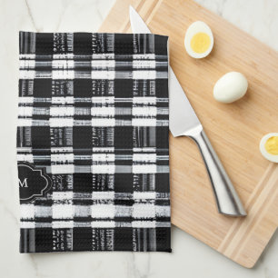 Black and white buffalo plaid monogrammed tea towel