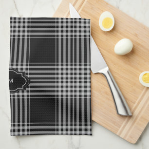 Black and white buffalo plaid monogrammed tea towel