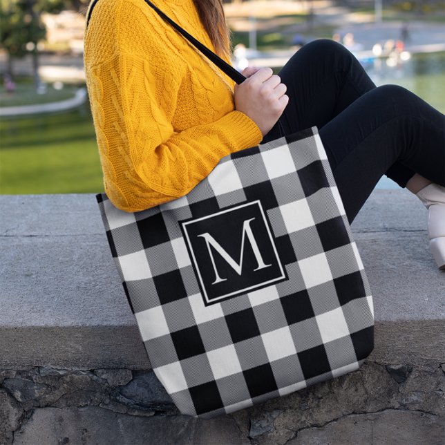 Black and White Buffalo Plaid Monogrammed Tote Bag (Black and White Buffalo Plaid Monogrammed Tote Bag)
