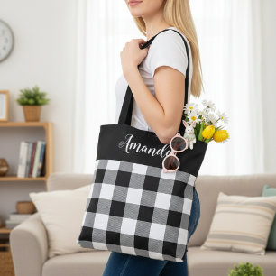 Black and White Buffalo Plaid Personalised Tote Bag
