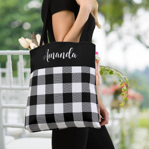 Black and White Buffalo Plaid Personalised  Tote Bag