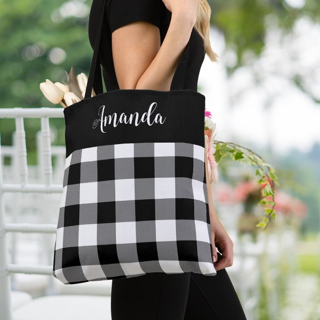 Black and White Buffalo Plaid Personalised  Tote Bag (Black and White Buffalo Plaid Personalized Tote Bag, spring/ summer.  Add your name or special text.)