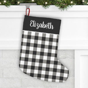 Black and White Buffalo Plaid Personalized Name Small Christmas Stocking