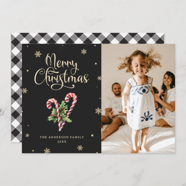 Black and White Buffalo Plaid Photo Christmas Holiday Card (Front/Back)