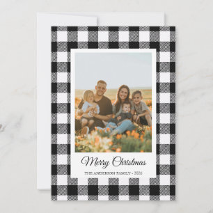 Black and white buffalo plaid photo Holiday Card