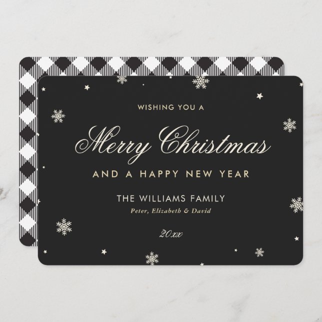 Black and White Buffalo Plaid Snowflake Holiday Card (Front/Back)