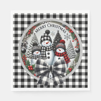 Black And White Buffalo Plaid Snowmen Paper Plate Napkin