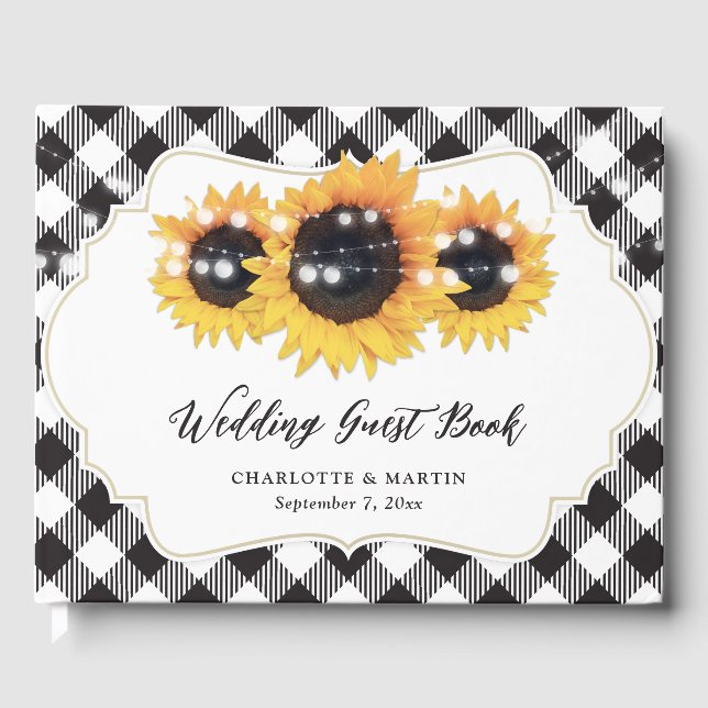 Black and White Buffalo Plaid Sunflower Wedding Guest Book (Front)