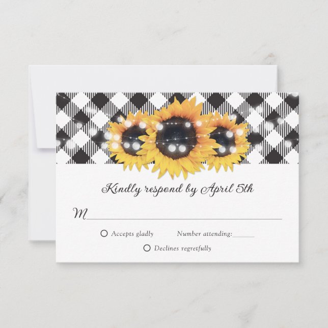 Black and White Buffalo Plaid Sunflower Wedding RSVP Card (Front)
