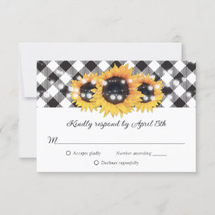 Black and White Buffalo Plaid Sunflower Wedding RSVP Card