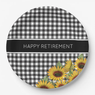 Black and White Buffalo Plaid Sunflowers Paper Plate