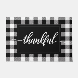 Black and White Buffalo Plaid Thankful Quote Doormat