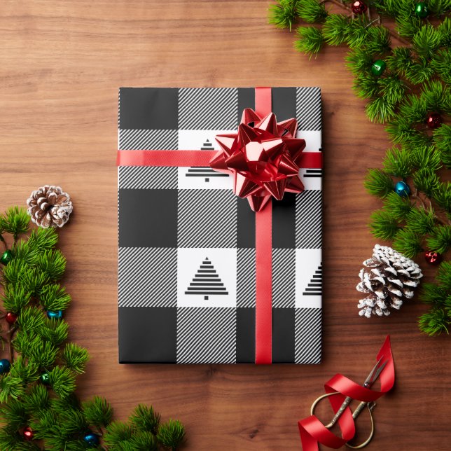 Black and White Buffalo Plaid with Christmas Trees Wrapping Paper (Holiday Gift)
