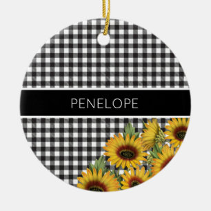 Black and White Buffalo Plaid Yellow Sunflowers Ceramic Ornament