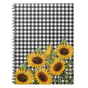 Black and White Buffalo Plaid Yellow Sunflowers Notebook