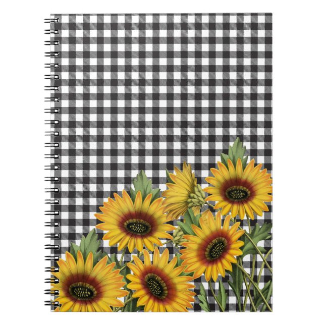 Black and White Buffalo Plaid Yellow Sunflowers   Notebook (Front)