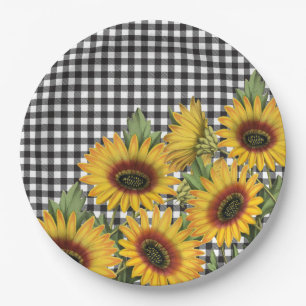 Black and White Buffalo Plaid Yellow Sunflowers  Paper Plate
