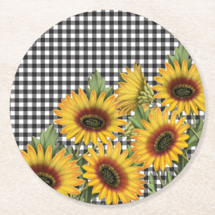 Black and White Buffalo Plaid Yellow Sunflowers Round Paper Coaster