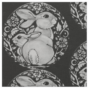 Black and White Bunny Rabbit Fabric Grey Medallion