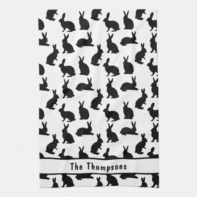 Black And White Bunny Shapes And Name Easter Tea Towel (Vertical)