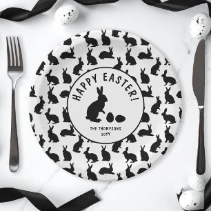 Black And White Bunny Shapes Modern Easter Paper Plate