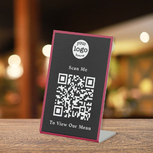 Black and White Burgundy Logo QR Code Restaurant Pedestal Sign