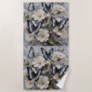 Black And White Butterflies On White Flowers, Beach Towel