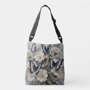 Black And White Butterflies On White Flowers, Crossbody Bag