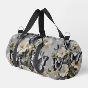 Black And White Butterflies On White Flowers, Duffle Bag
