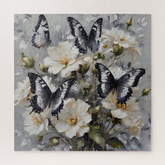 Black And White Butterflies On White Flowers, Jigsaw Puzzle (Vertical)